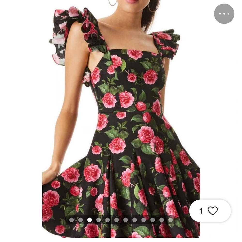 Alice + Olivia Ginny Godet Mini Dress Square
Neck Ruffle Sleeves Floral Romantic